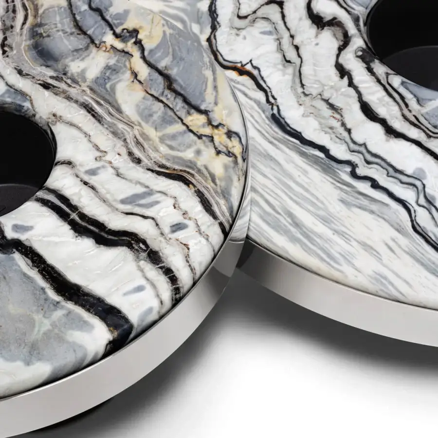 Superior Arketipo Aperitivo coffee table with swirling polished marble and gleaming chrome built-in details