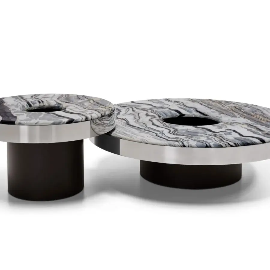 Elegant Arketipo Aperitivo coffee table with swirling gray and white marble tops and satin metallic accents