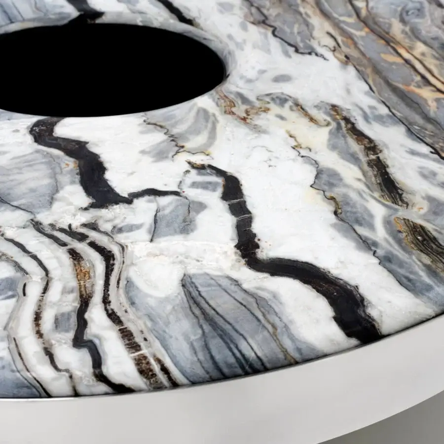 Distinguished Arketipo Aperitivo coffee table with a circular white and gray marble top and satin metallic band