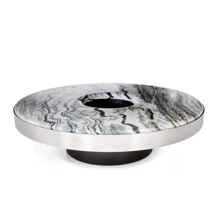 Exceptional Arketipo Aperitivo coffee table with a swirling gray and white marble top and polished metallic base built with an ice bucket