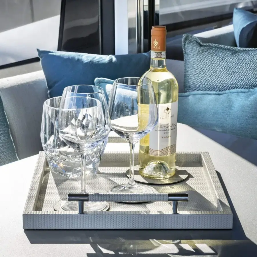 Distinguished Pinetti Dedalo tray with a sleek gray finish crafted in genuine leather and wood