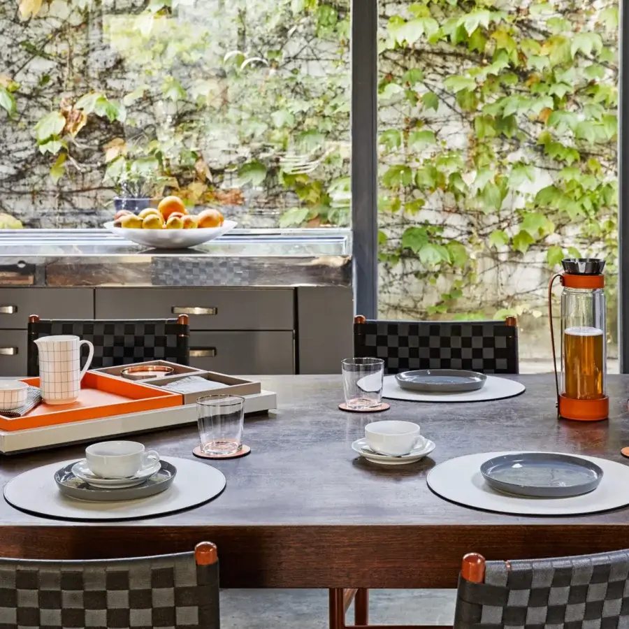 Exceptional Pinetti Samurai trays in vibrant orange calfskin leather with a glossy finish and wooden structure