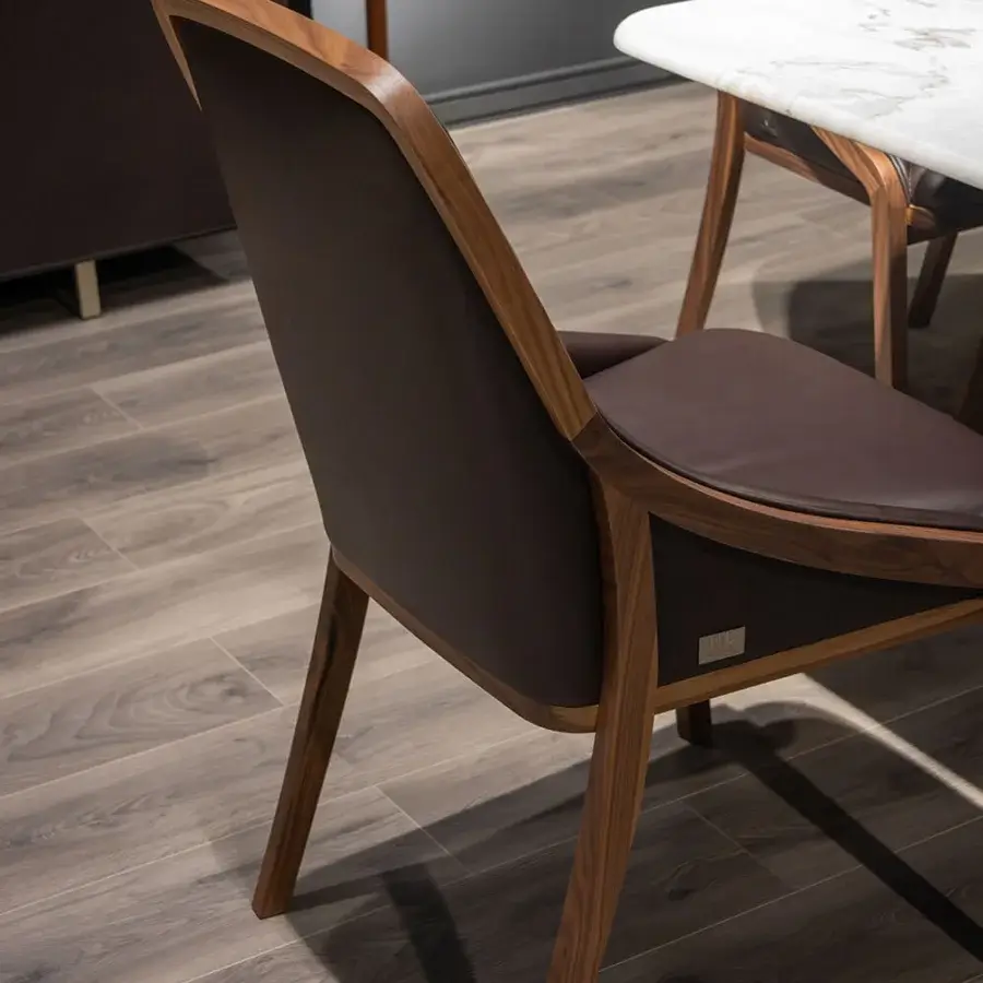 Superior WAYNE Enterprises WE-027 armchair with dark brown leather or fabric upholstery and satin-finish wood base