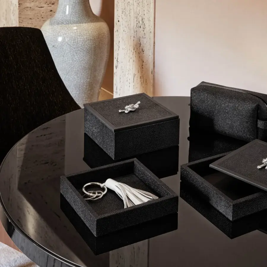 Superior Pinetti Thalia storage set with black genuine leather and sleek metal details including a decorative knot and white tassel