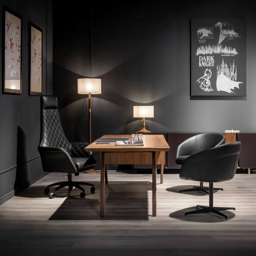 Elegant WAYNE Enterprises WE-026 desk crafted with wood veneer, solid wood, and premium leather drawer fronts in a satin finish