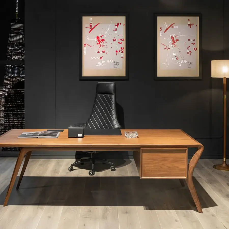 Distinguished WAYNE Enterprises WE-026 desk built with wood veneer and leather, supported by solid wood with a satin medium-toned brown finish