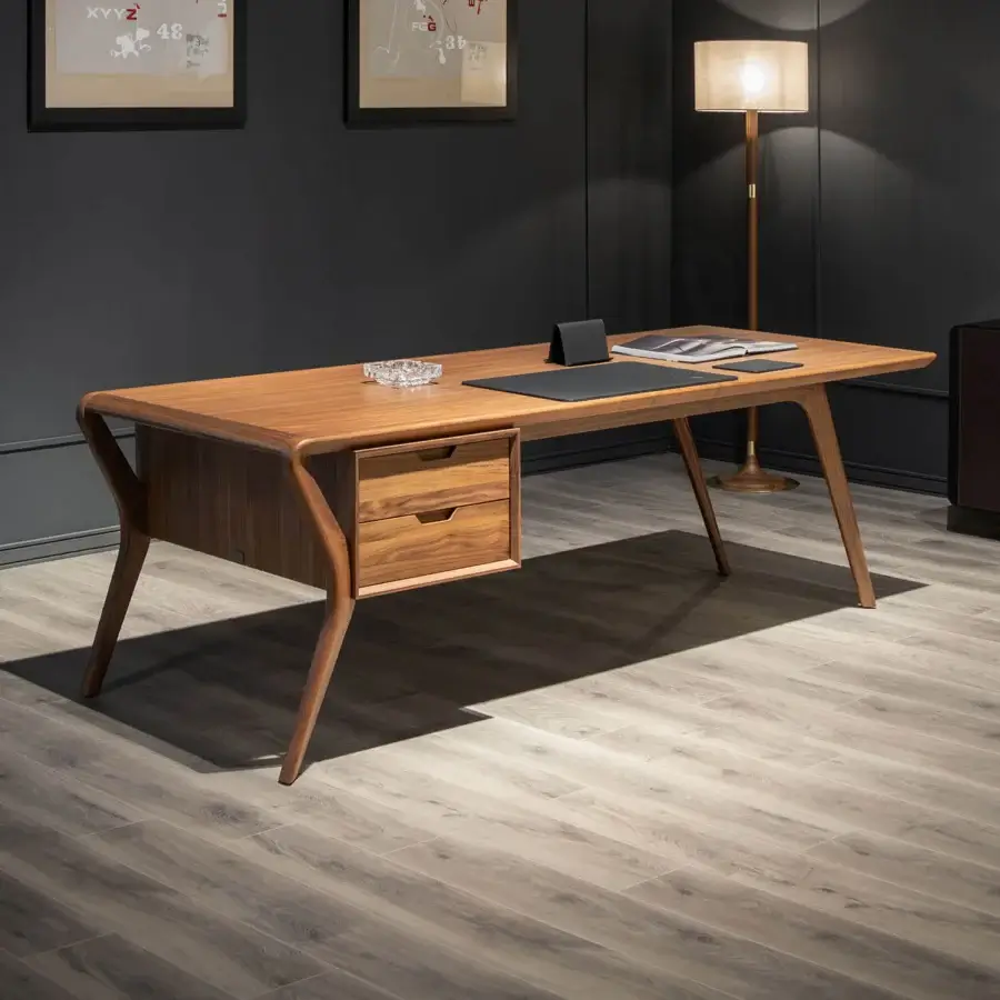 Superior WAYNE Enterprises WE-026 desk with curved form, wood veneer and leather fronts in a satin finish