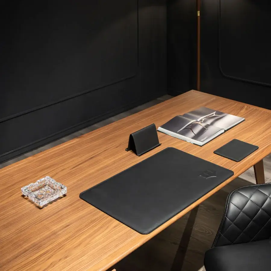 Exclusive WAYNE Enterprises WE-026 desk in warm brown wood veneer and premium leather with satin finish