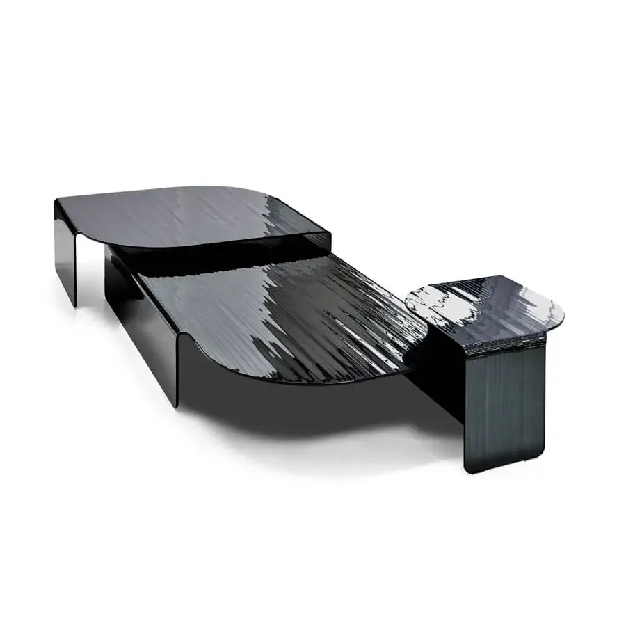 Distinguished Arketipo Blackjoy coffee table crafted in dark striped glass with a glossy finish and asymmetrical form