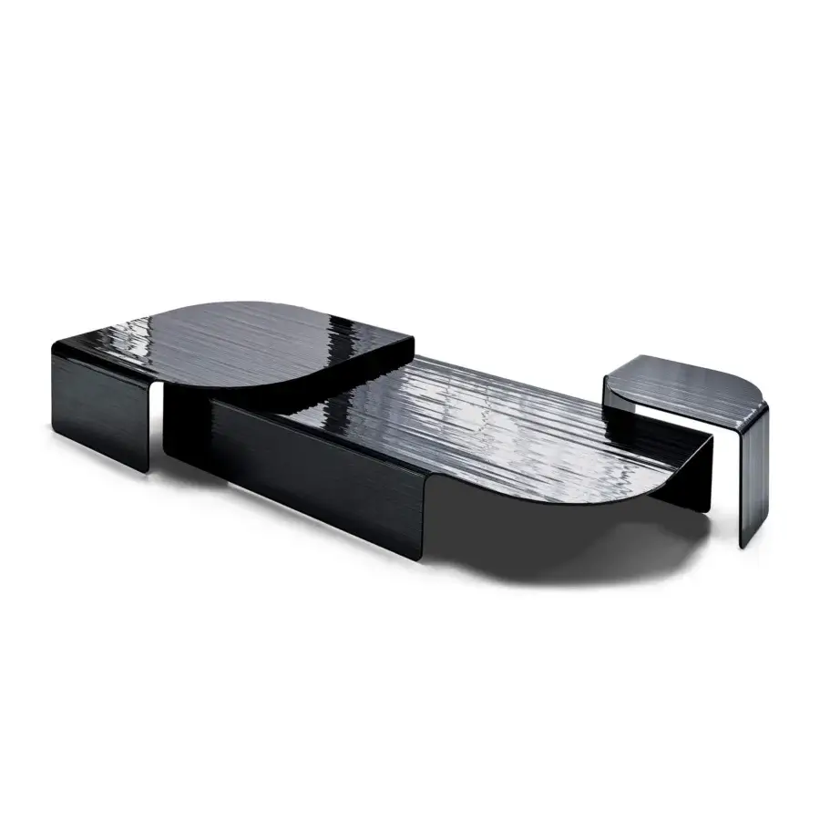 Elegant Arketipo Blackjoy coffee table in dark glass with a uniquely striped, subtly rippled reflective surface and asymmetrical form