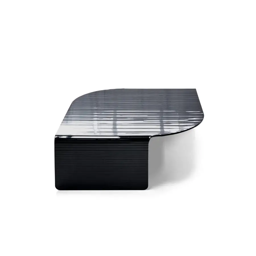 Refined Arketipo Blackjoy coffee table crafted in dark striped glass with a cantilevered top and ribbed support