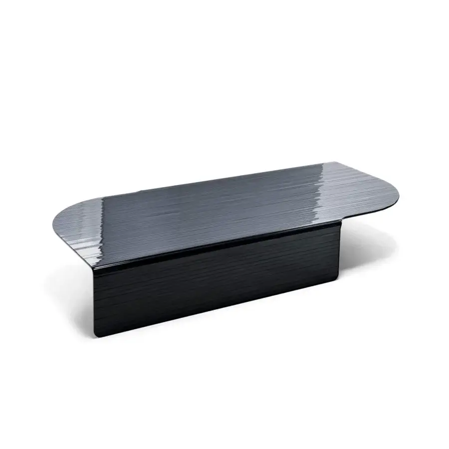 Superior Arketipo Blackjoy coffee table crafted in dark glass with a distinctive striped finish and angular form