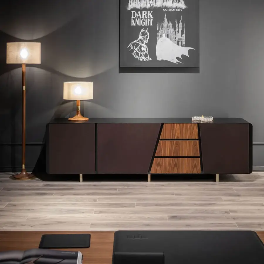 Distinguished WAYNE Enterprises WE-177 sideboard crafted in Italy with ceramic marble doors and reddish-brown wood veneer with a satin finish