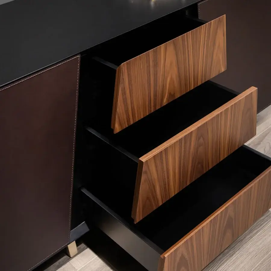 Distinguished WAYNE Enterprises WE-177 sideboard with lacquered structure, dark ceramic marble doors and wood veneer drawers crafted in Italy