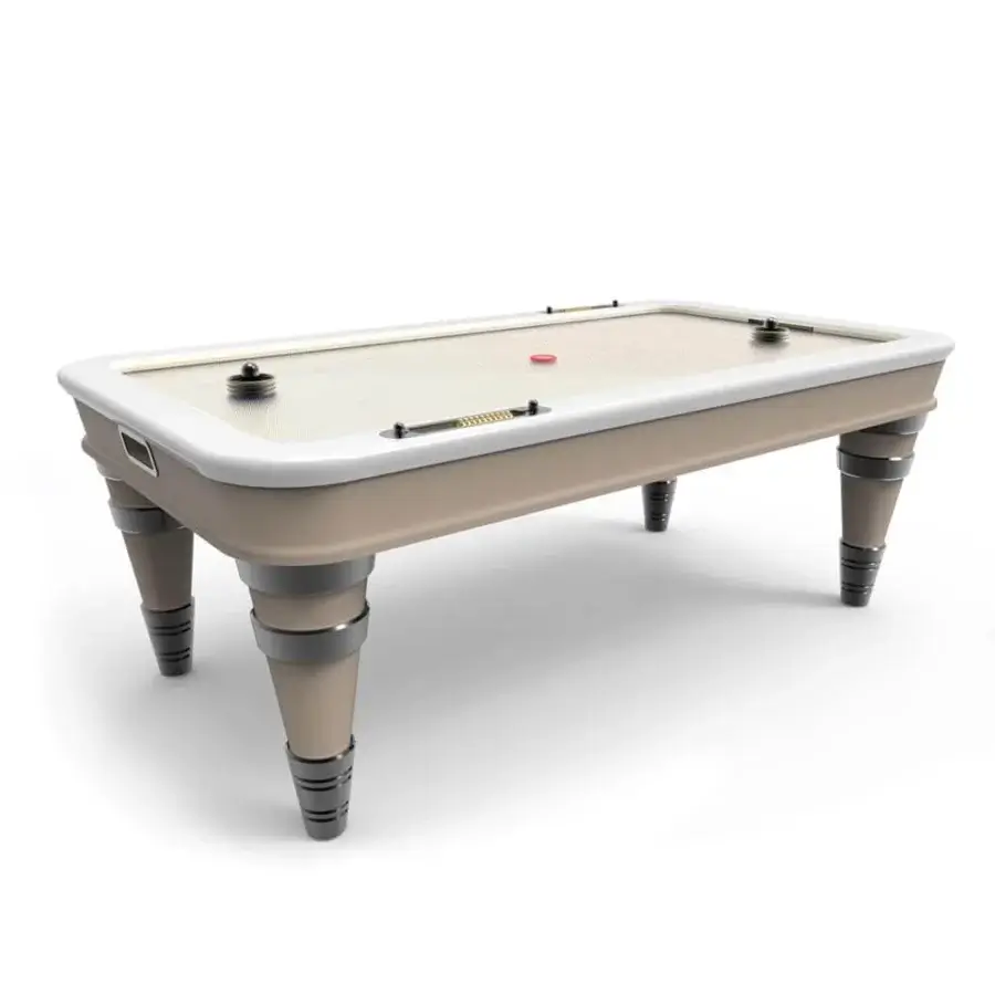 Distinguished Vismara Arya Air Hockey table crafted with light beige metal laminate and lacquered wooden legs in complementary beige European leather