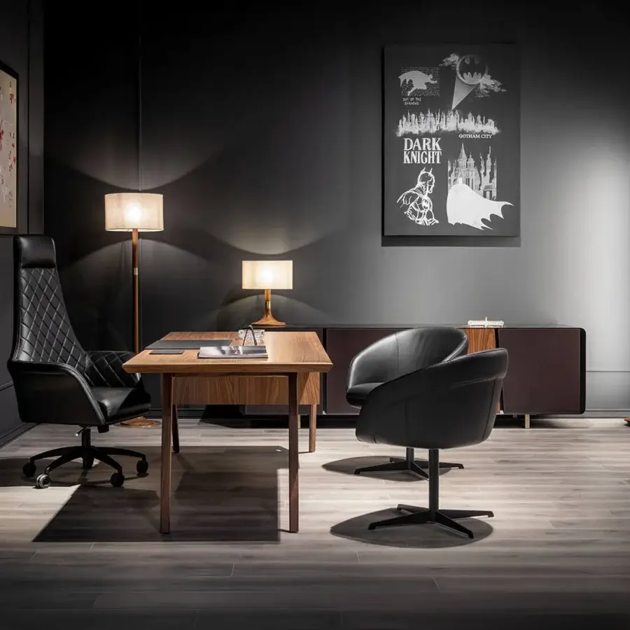 Superior WAYNE Enterprises WE-173 office chair in dark leather with elegant matellassé stitching and a durable metal swivel base