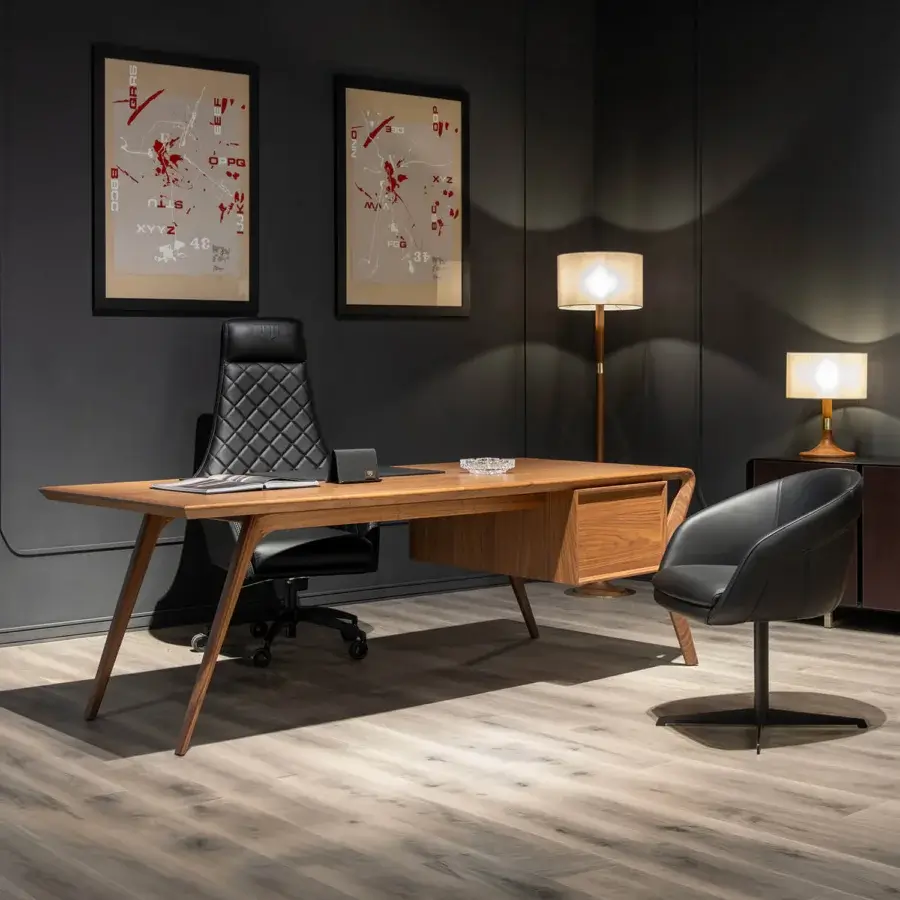 Meticulous WAYNE Enterprises WE-137 armchair with warm medium-brown wood frame and luxuriously quilted leather upholstery in a satin finish
