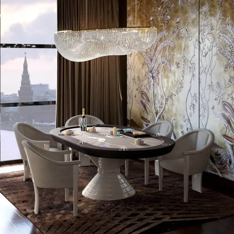 Exceptional Vismara Vegas poker table with oval form and printed microfiber playing surface in gray tones with lacquered wood