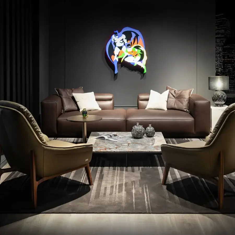 Elegant Wayne Enterprises WE-030 modular sofa in medium brown leather with a lacquered base crafted in Italy