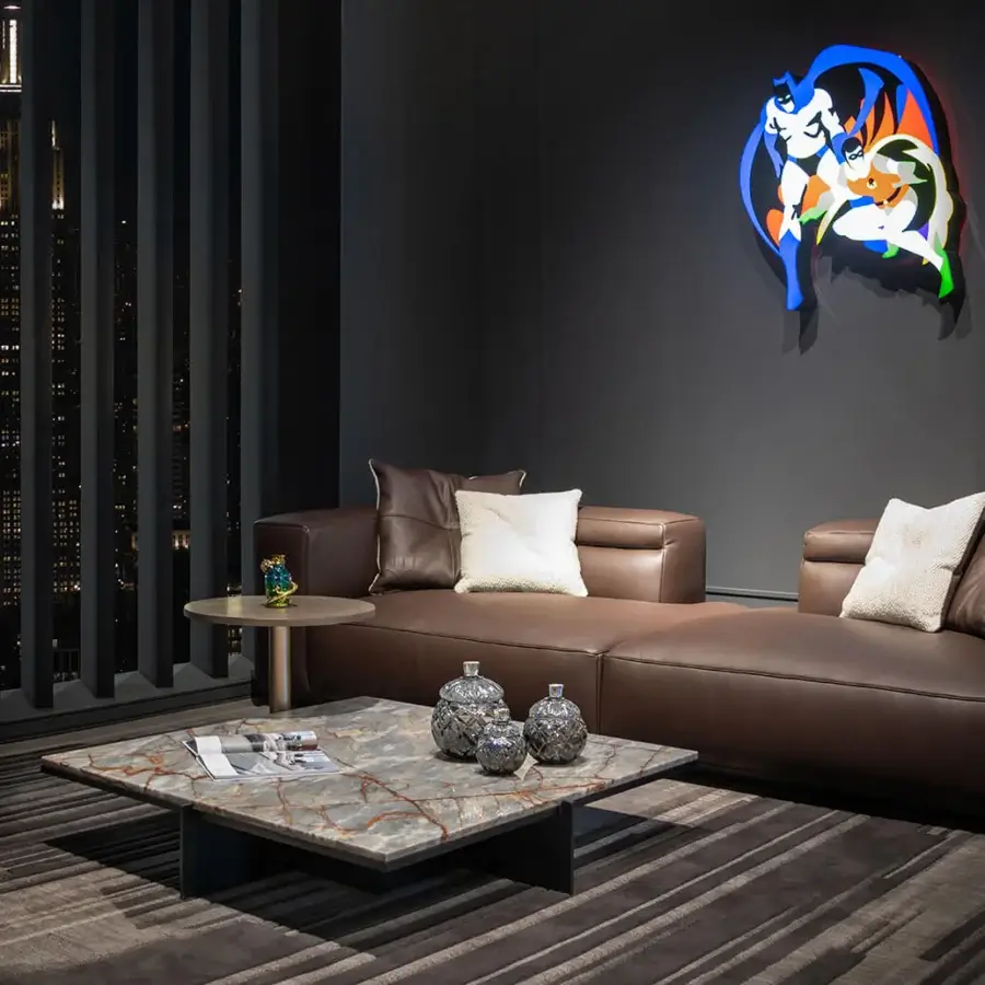 Captivating Wayne Enterprises WE-030 modular sofa in medium-dark brown leather with lacquered base and lighter beige textile cushions