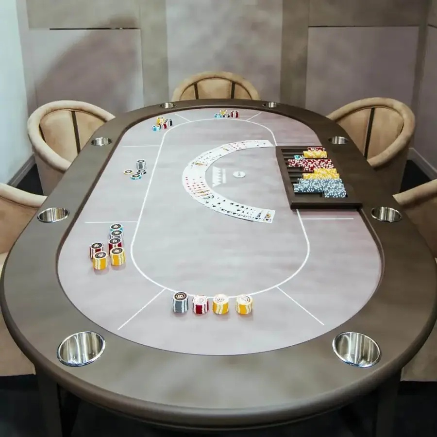 Superior Vismara Vegas poker table with matte gray microfiber playing surface and dark brown Soft Touch lacquered wood construction