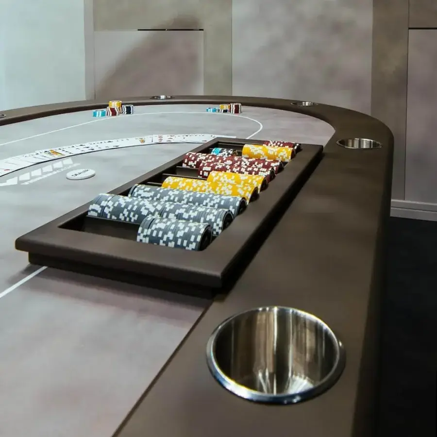 Elegant Vismara Vegas poker table crafted with grey microfiber playing surface and soft touch lacquered edges in matte brown wood
