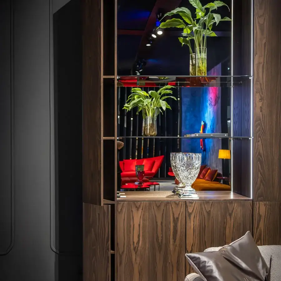 Distinguished WAYNE Enterprises WE-171 bookcase crafted in wood veneer with satin finish and integrated LED lighting