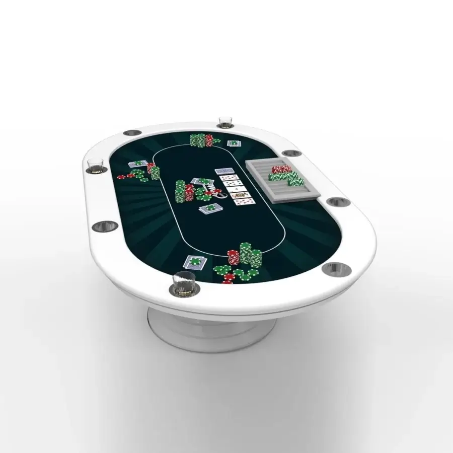 Sophisticated Vismara Vegas poker table with green microfiber playing surface and white Soft Touch lacquered edge built with chrome cup holders