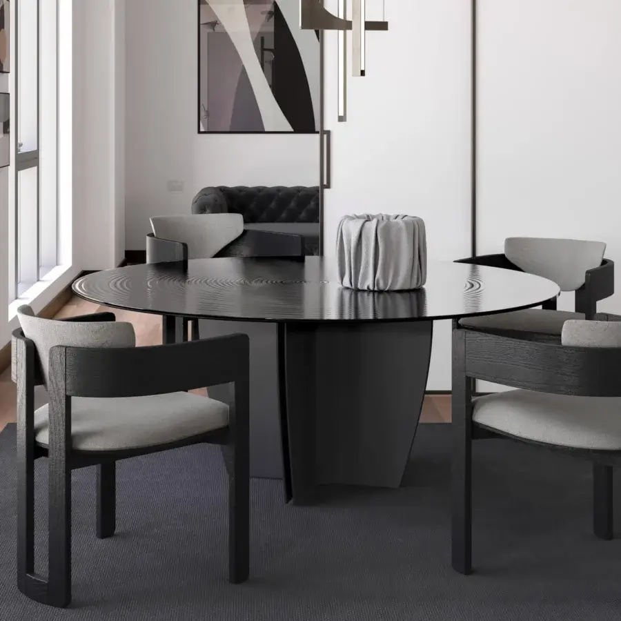 Innovative Arketipo Gambler table crafted in Italy with dark charcoal gray wood and angular inverted pyramid base