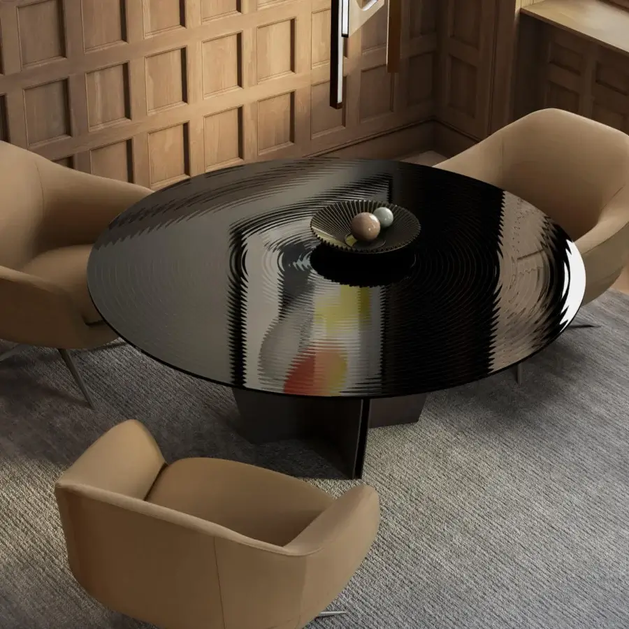 Exceptional Arketipo Gambler table with rippled reflective glass and dark satin-finished wooden base crafted in Italy