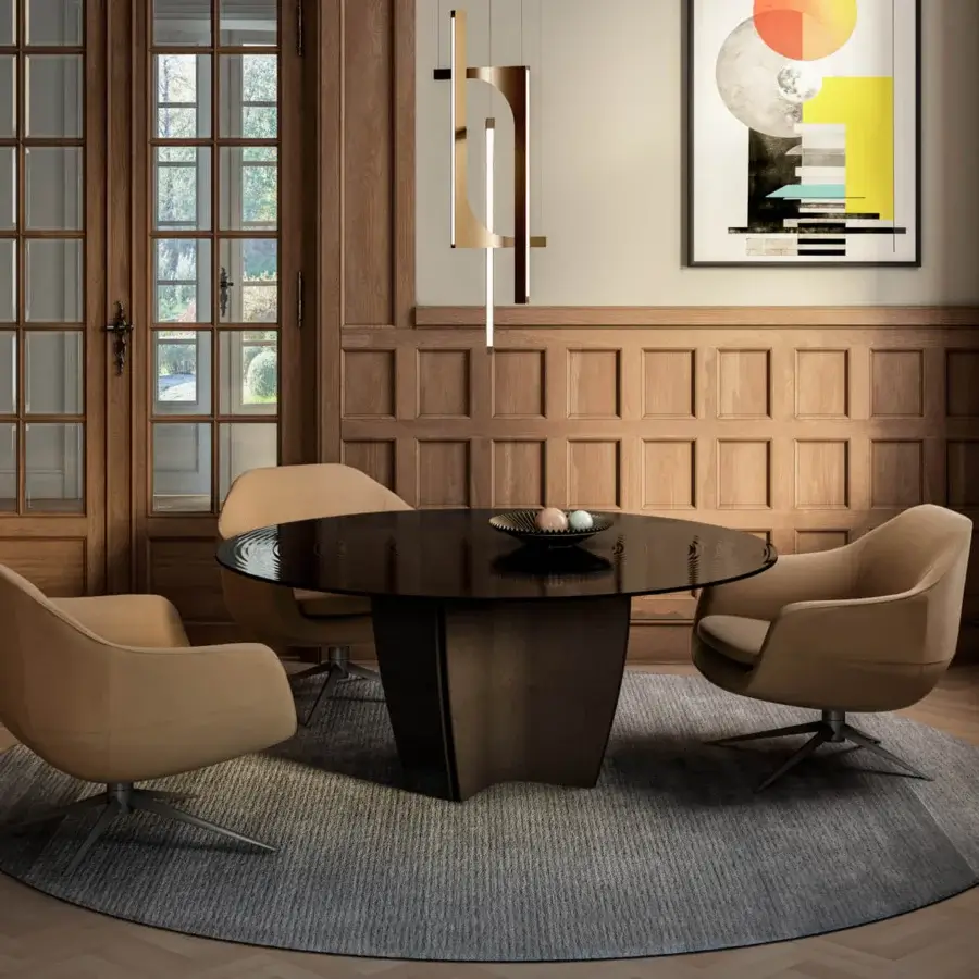 Distinguished Arketipo Gambler table with a boldly striped glossy circular tabletop and geometrically dynamic dark brown base crafted in Italy