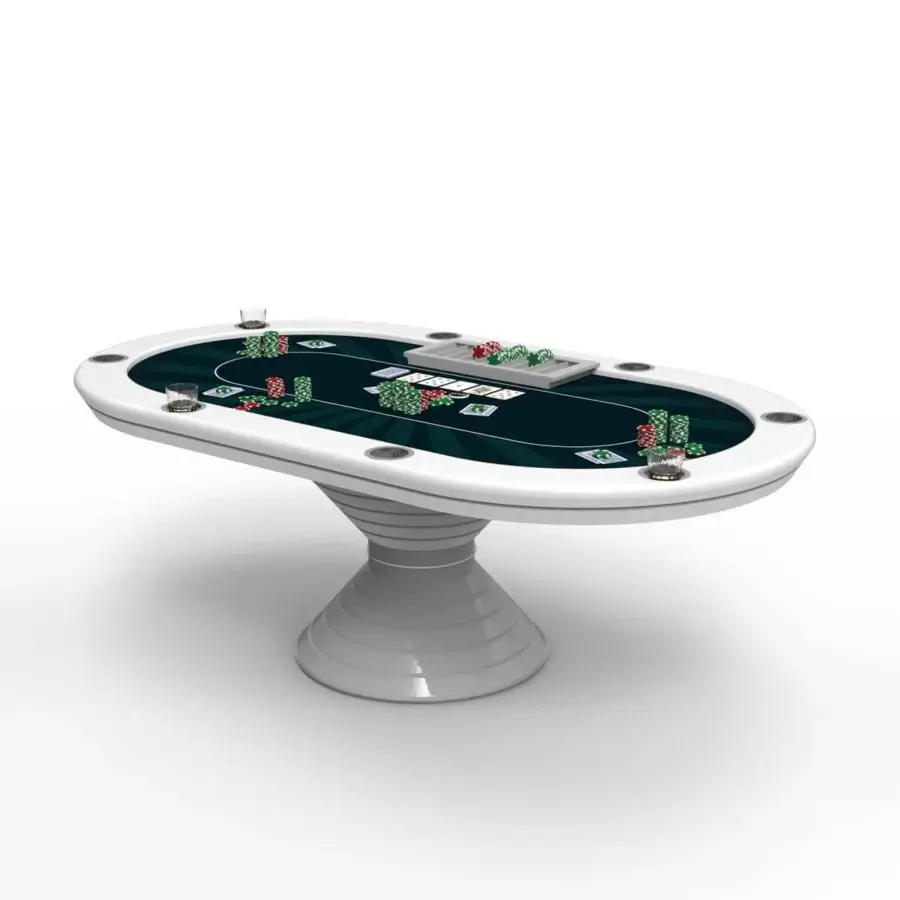 Distinguished Vismara Vegas poker table with oval green microfiber top and light gray lacquered rings base built with chrome cup holders