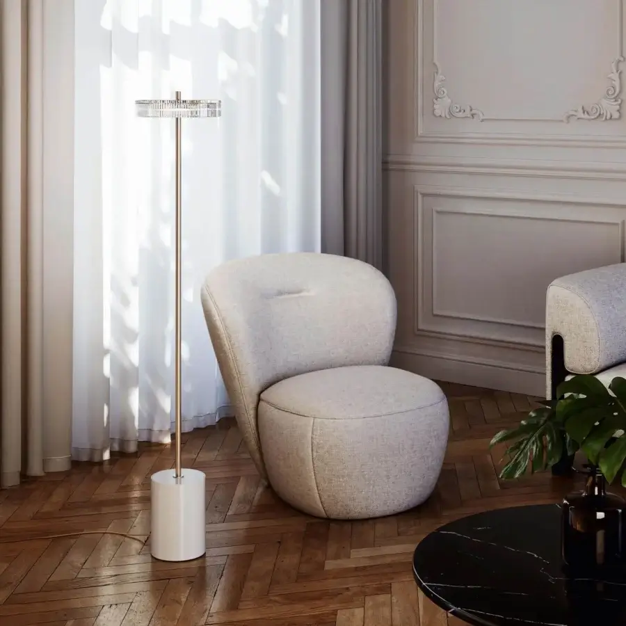 Elegant Italamp Gilda floor lamp with a slender scenic structure and glossy white metal base crafted in Italy