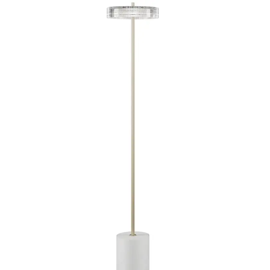 Exceptional Italamp Gilda floor lamp with a slender scenic structure and glossy white metal base crafted in Italy with gold-toned metal and transparent glass