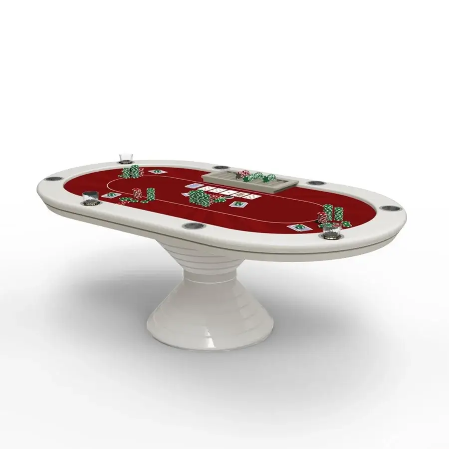 Exceptional Vismara Vegas poker table with red microfiber playing surface and white lacquered rings base built with chrome polished steel