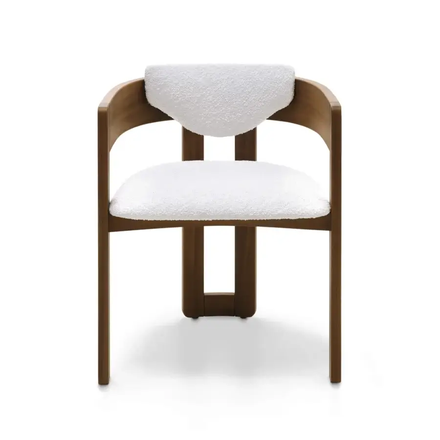 Superior Arketipo Kate chair crafted from Iroko wood with satin finish and textured off-white textile upholstery