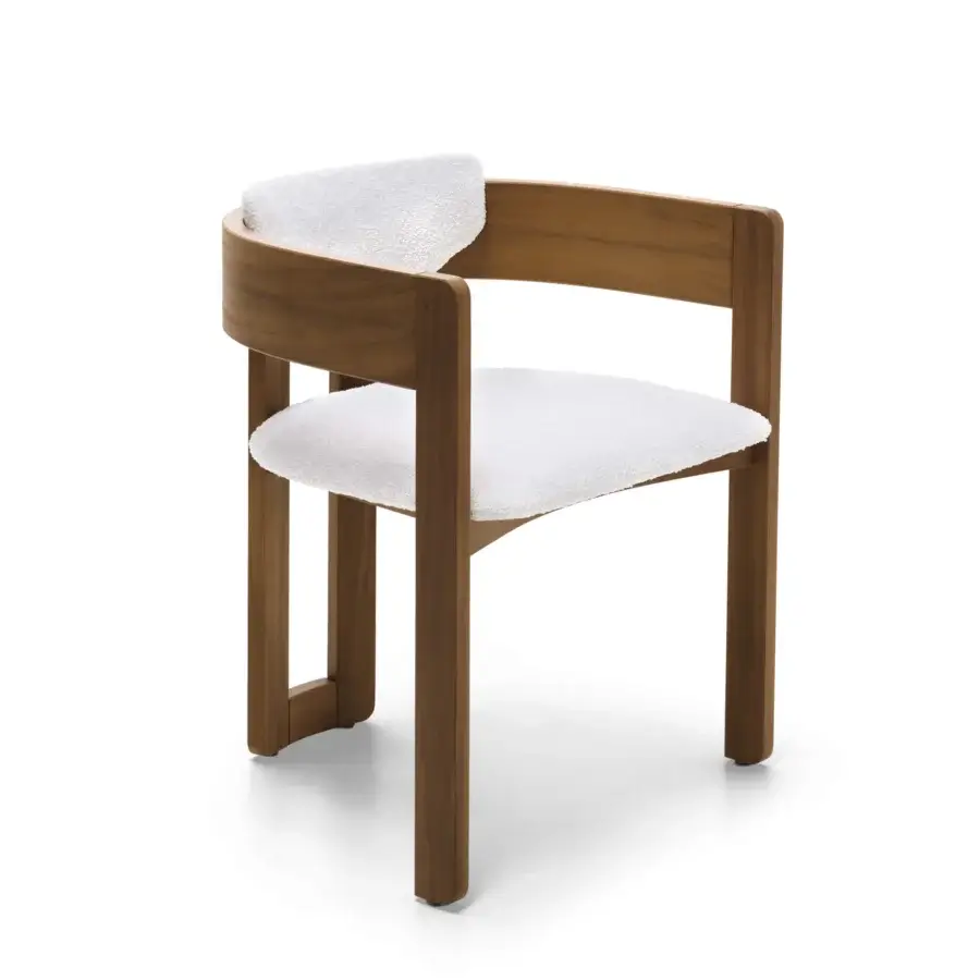 Distinguished Arketipo Kate chair crafted from Iroko wood with satin finish and textured white upholstery