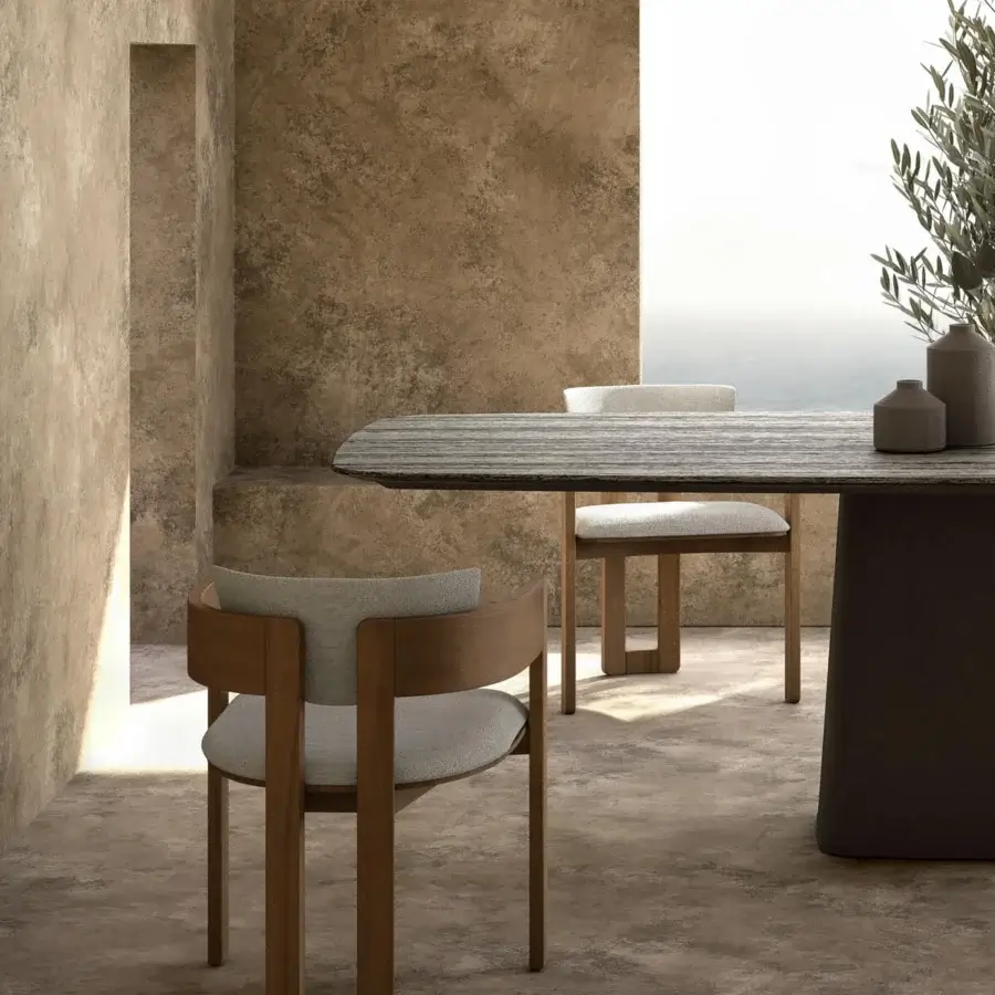 Superior Arketipo Kate chair crafted from Iroko wood with a satin finish and neutral beige upholstery
