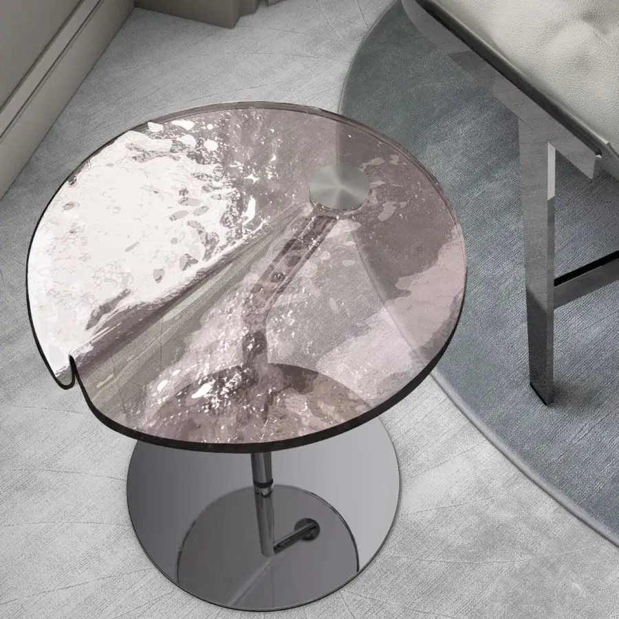 Exceptional Arketipo Maverick coffee table with pinkish-grey glass tabletop and glossy silver-toned metallic base