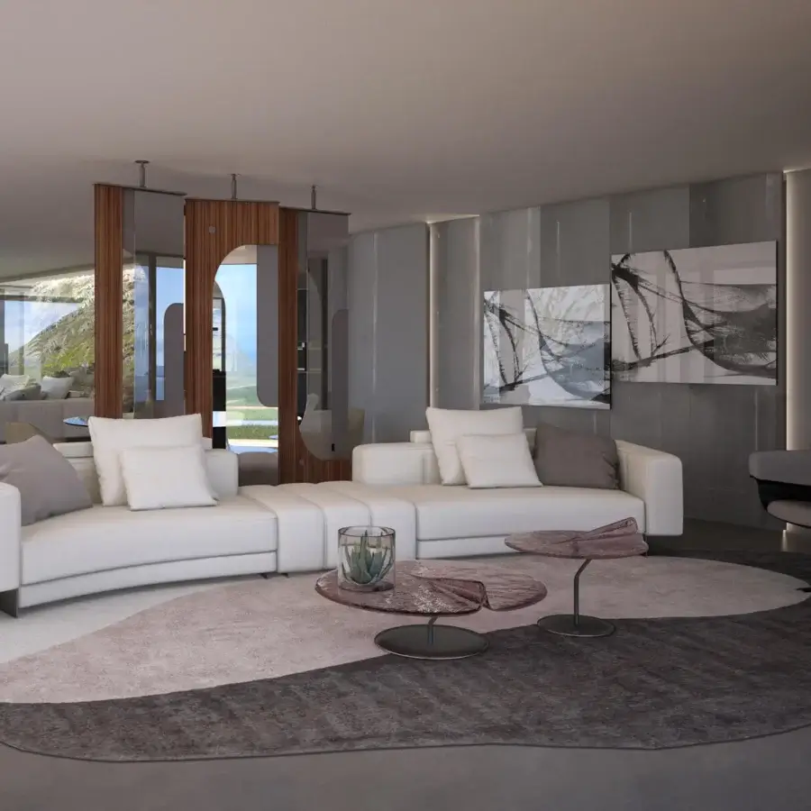 Elegant Arketipo Maverick coffee table with rose-toned glass tabletops and sleek dark metal supports in satin finish