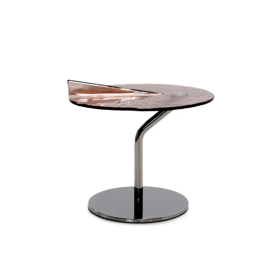 Elegant Arketipo Maverick coffee table with dark-toned wood tabletop and highly polished reflective black metal base