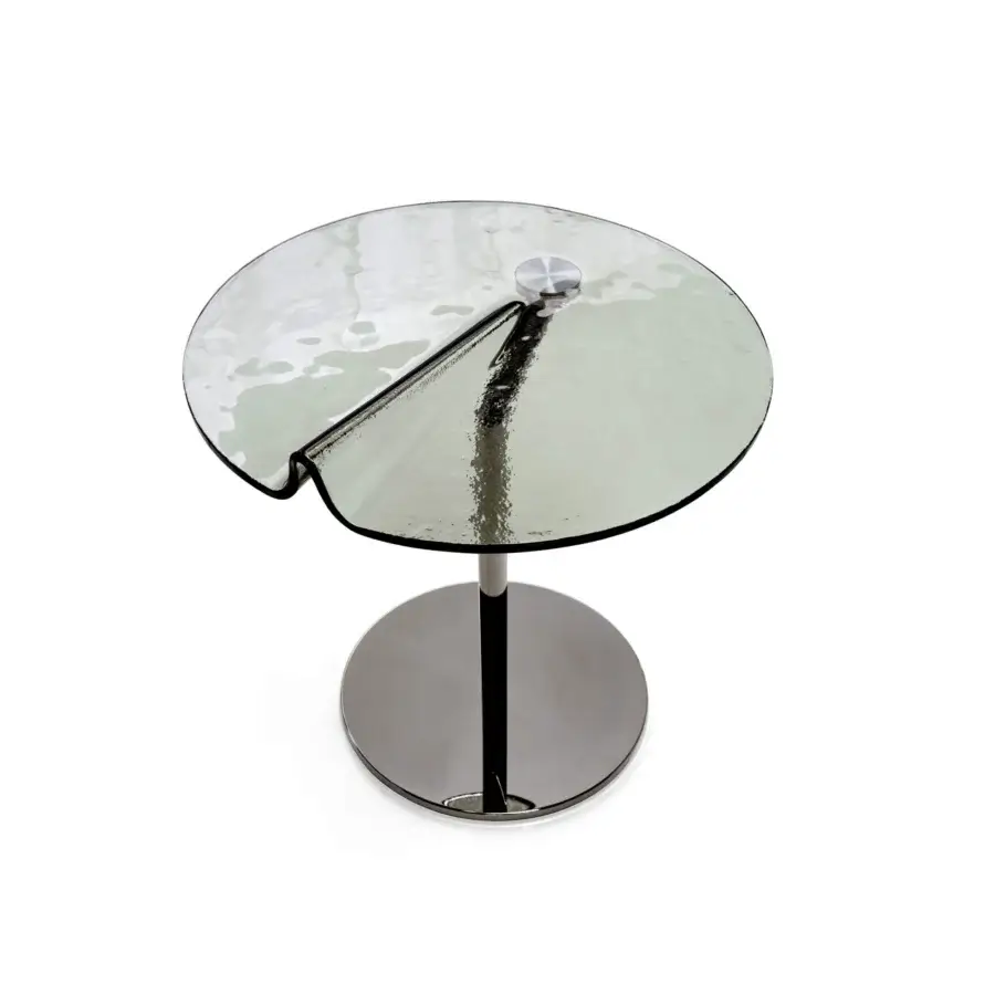 Distinctive Arketipo Maverick coffee table with fractured clear glass tabletop and polished dark metal base