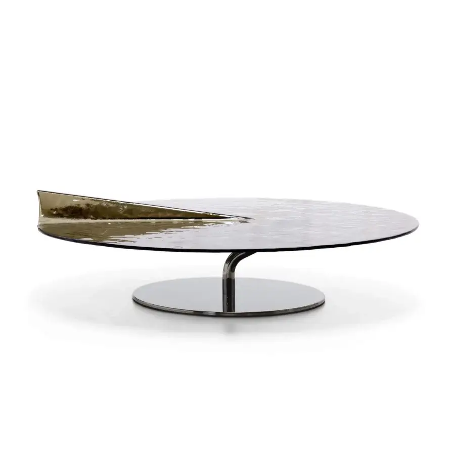 Exceptional Arketipo Maverick coffee table with smoky gray glass tabletop and subtly waved circular base crafted in Italy with glossy finish
