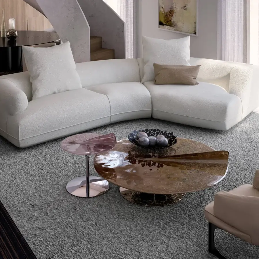 Distinctive Arketipo Maverick coffee table with warm brown gloss glass and rose-tinted transparent glass in satin metal bases