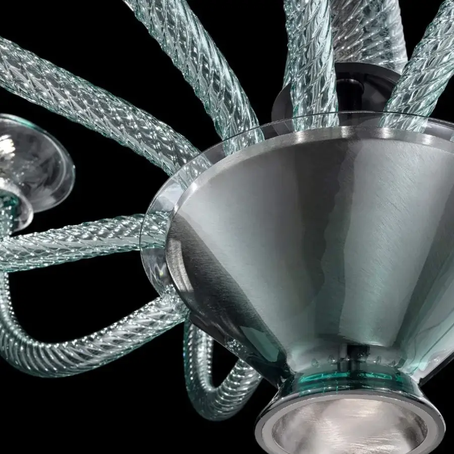 Exceptional Barovier&Toso Vertigo chandelier crafted in seafoam green Venetian crystal and metal with spiraling glass arms