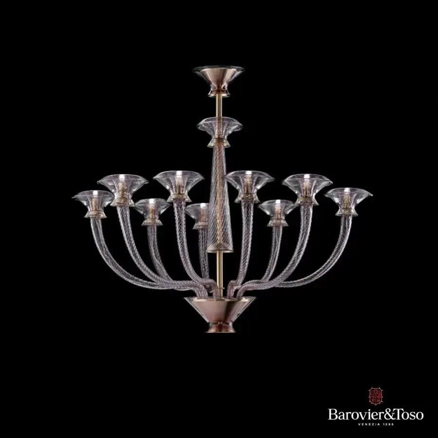 Luxury Barovier&Toso Vertigo chandelier crafted in clear glass with a warm-toned polished metal frame and twisted details