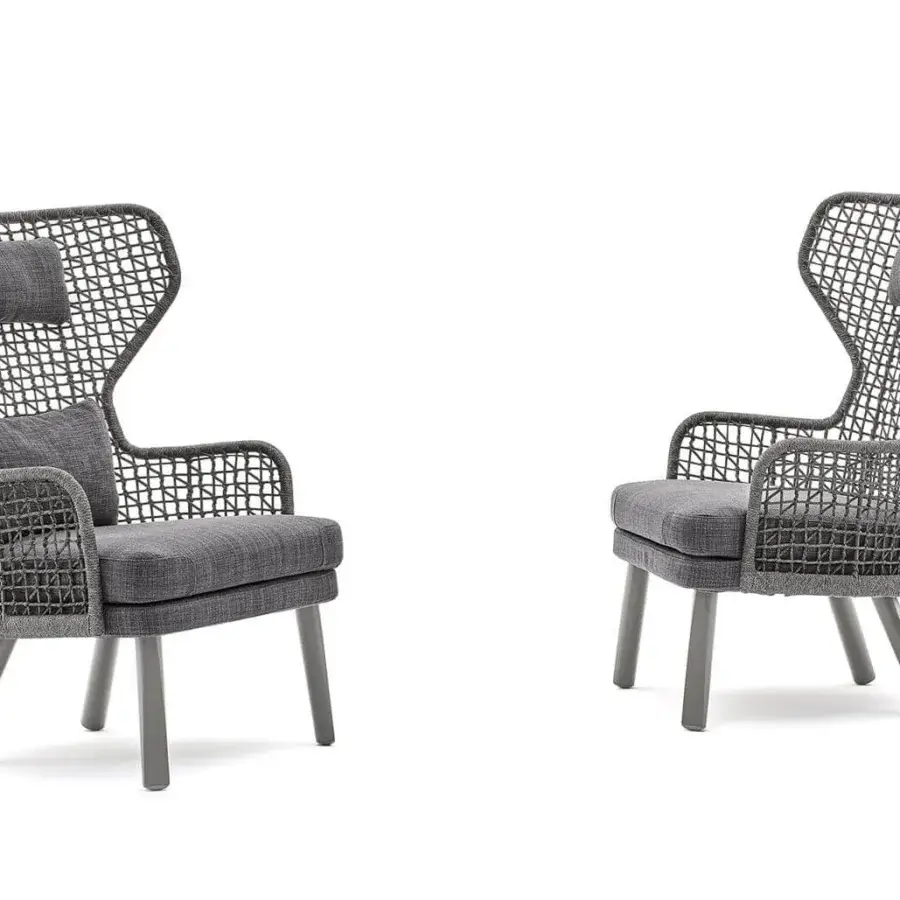 Exceptional Varaschin Emma Bergere lounge chair with dark gray woven rope and gray upholstered seat with matte metal legs