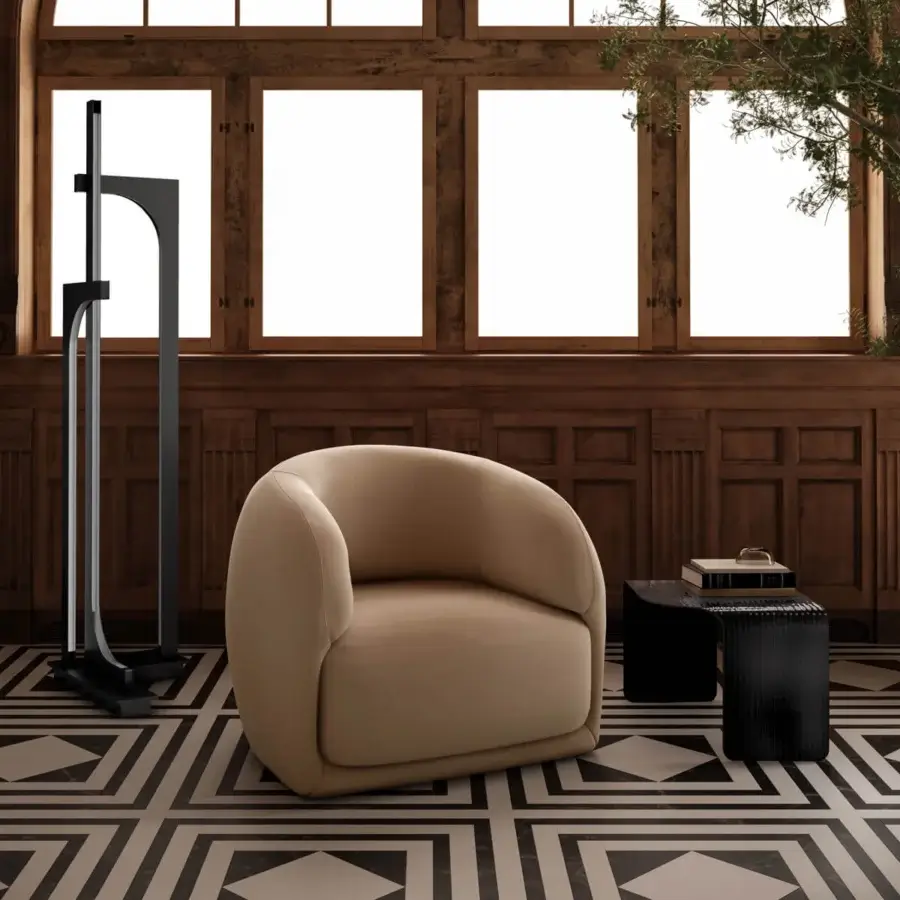 Distinguished Arketipo Touch Me lounge chair in muted beige textile with rounded form and seamless construction
