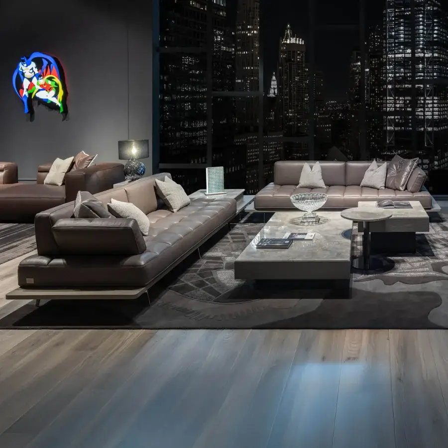 Superior WAYNE Enterprises WE-029 sectional in dark brown Italian leather with rich veneer and lacquered feet