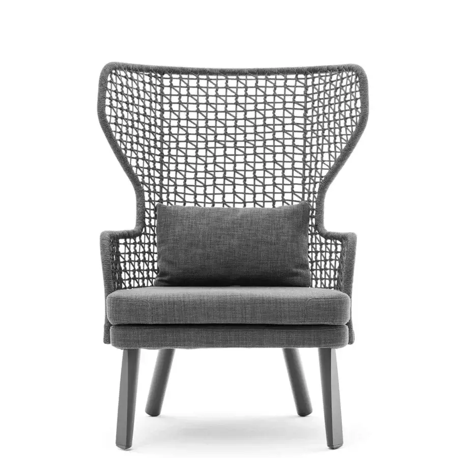 Sophisticated Varaschin Emma Bergere lounge chair with gray textile upholstery and woven rope detailing crafted with aluminum legs